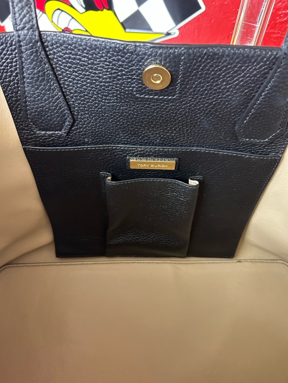 Tory Burch Black Pebbled Leather Tote with Gold Logo - Picture 6 of 14